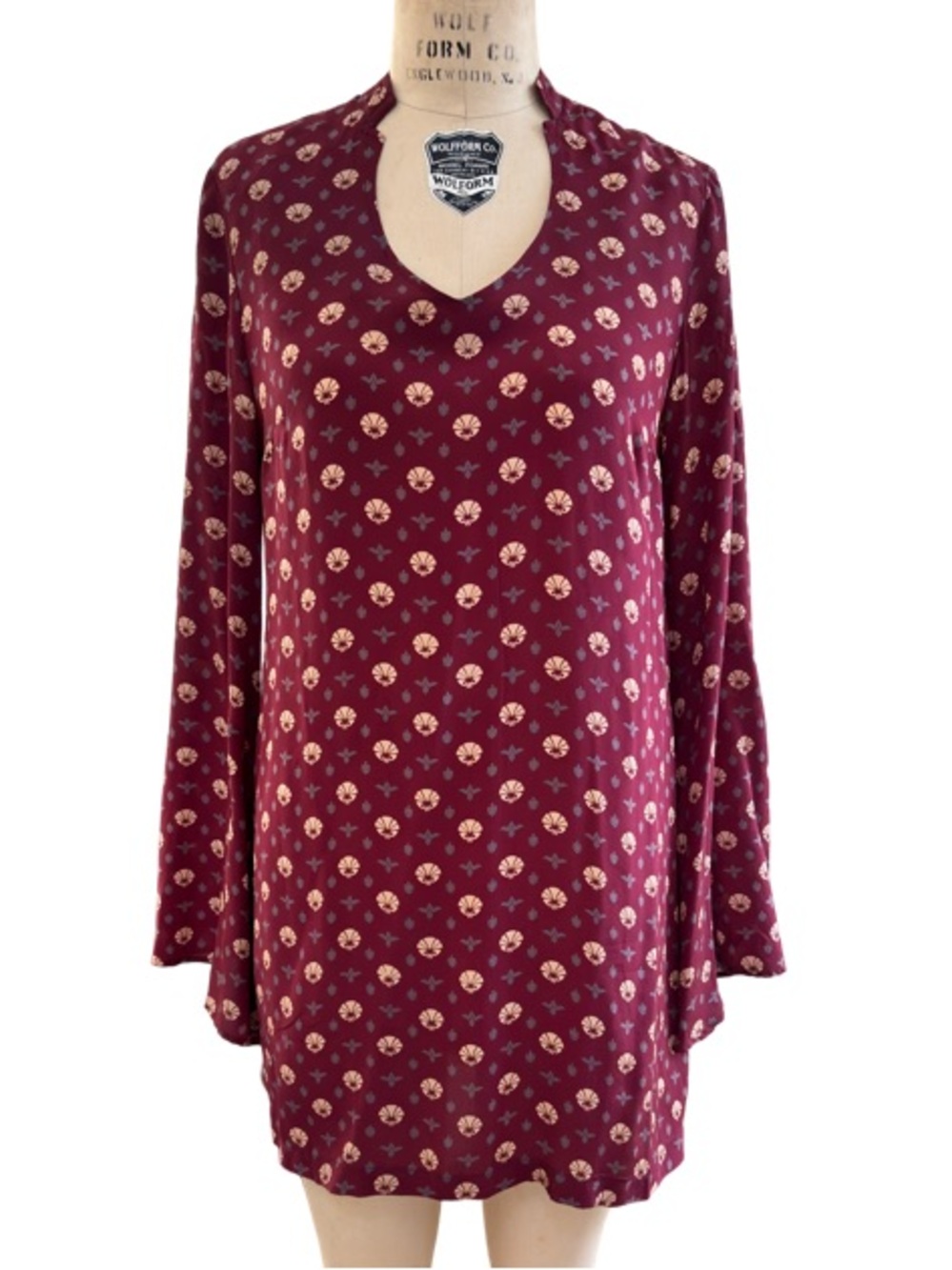 Winter Kate Vintage Silk Flare Sleeve Mini Dress Floral Burgundy Size M